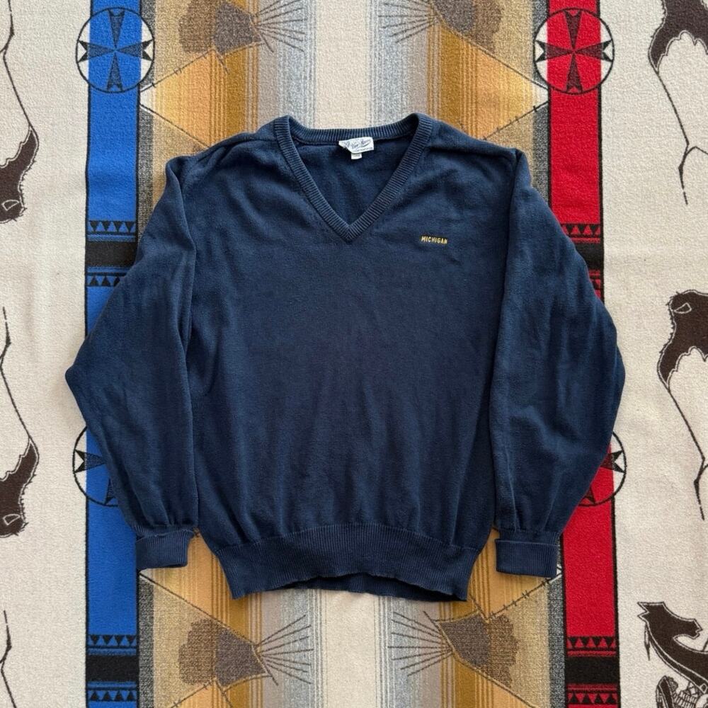 Vintage 80s University Of Michigan V Neck Pullover Sweater Large Embroidered USA